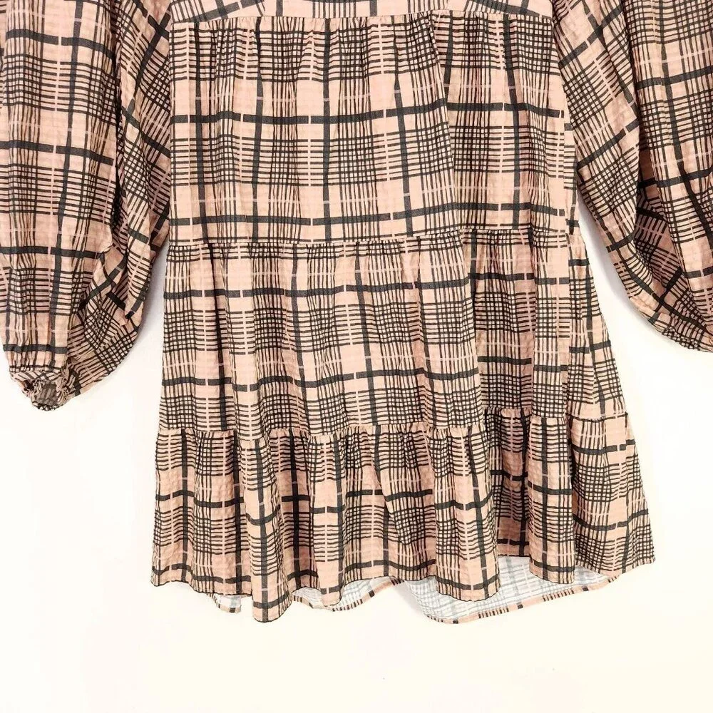 Topshop Babydoll Mini Dress Balloon Long Sleeve Size 4 Boho Gingham Brown - Picture 5 of 15